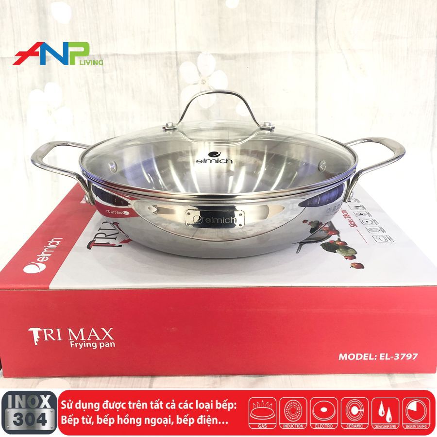 Chảo Xào Kiêm Nồi Lẩu inox cao cấp 3 lớp đáy liền ELMICH TRI-MAX