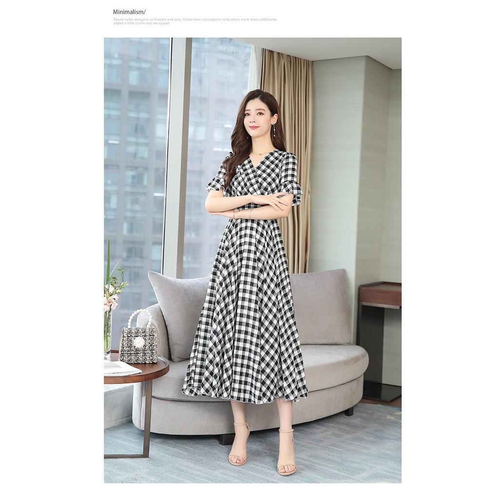 [Mã WARN60 hoàn 15% xu đơn 300k] Váy Công Sở | Đầm Caro| Đầm Đầm Dáng Xoè Vintage Caro Cổ V | BigBuy360 - bigbuy360.vn