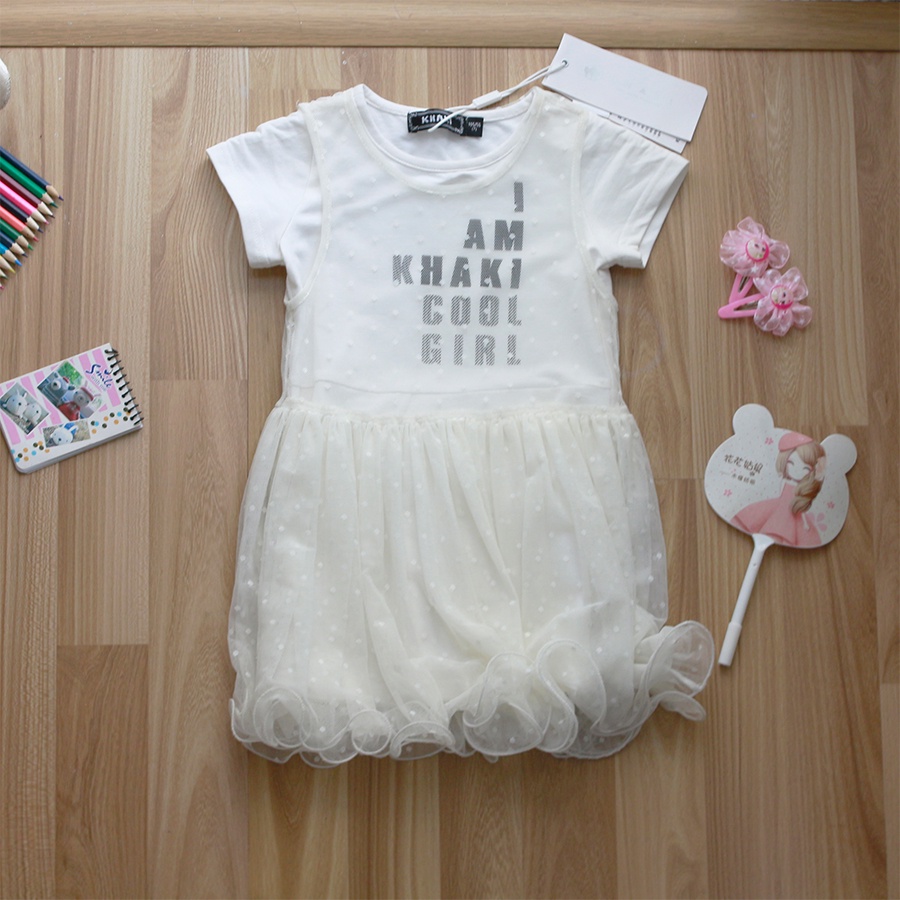 Set 2 Đầm Voan Lưới In Chữ - Bé 3-13 tuổi - Thương Hiệu : Khaki