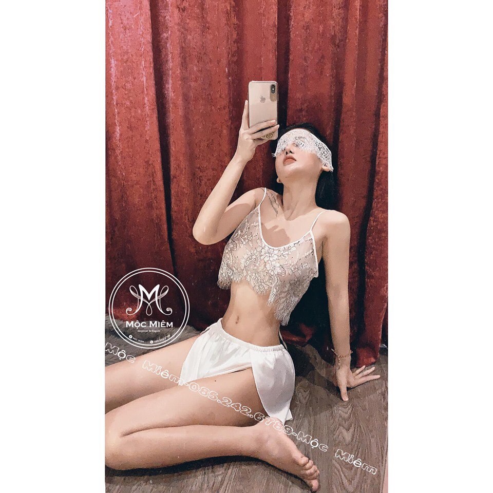 Bộ ngủ quần đùi FREE SHIP chất ren kèm màng che mặt