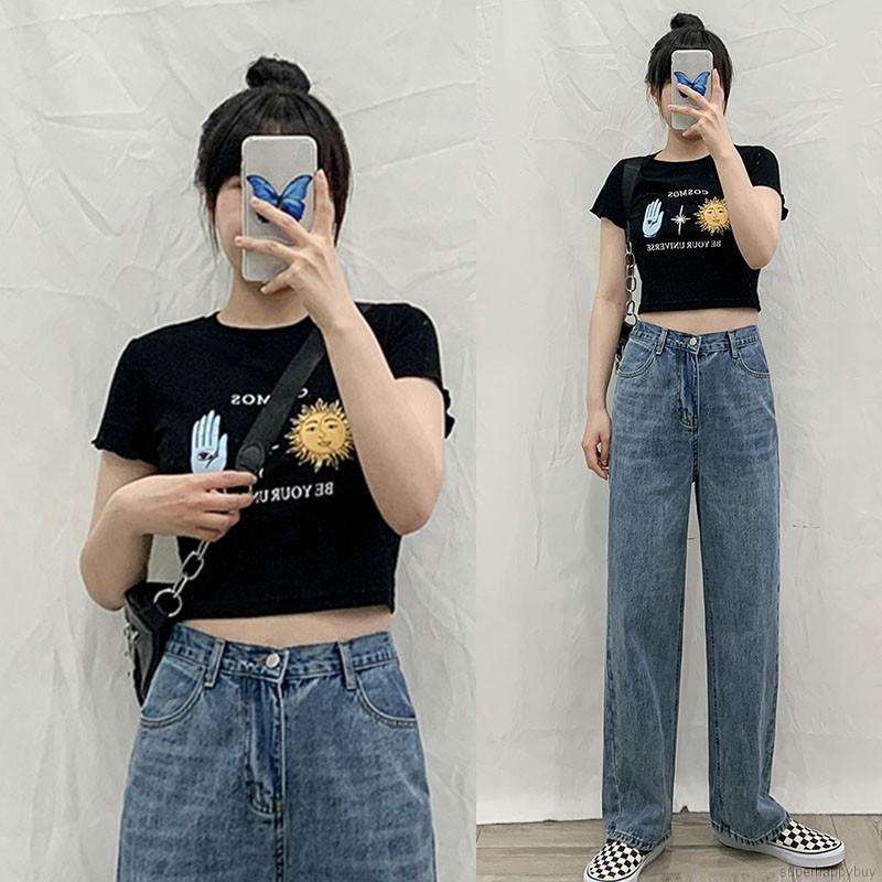 Áo Croptop Ngắn Tay In Hình Mặt Trăng / Mặt Trời Kiểu Hàn Quốc Xinh Xắn Cho Nữ