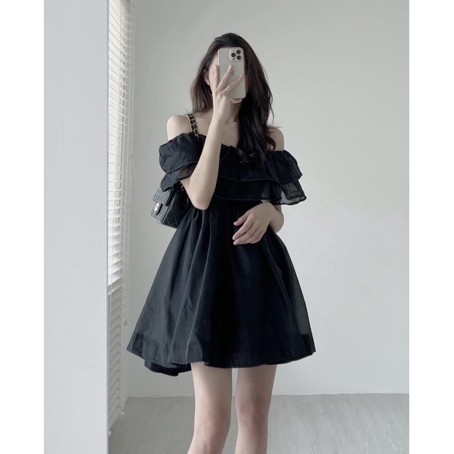 Váy tơ trễ vai hai tầng dáng xòe tiểu thư xinh xắn hai màu đen, trắng trendy
