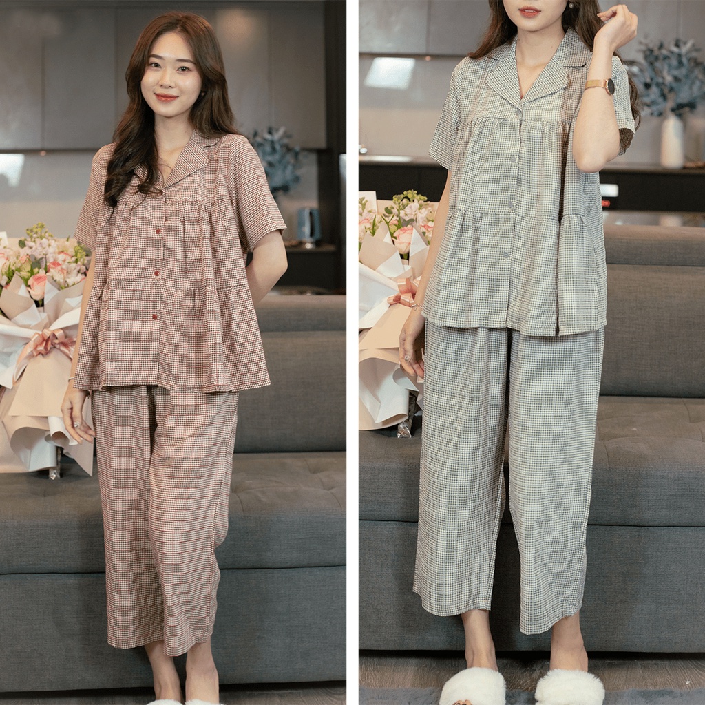 Bộ đồ nữ mùa hè mặc nhà ngắn tay kẻ caro cao cấp mềm mịn, mát