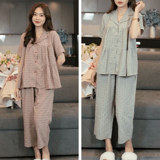 Bộ đồ nữ mùa hè mặc nhà ngắn tay kẻ caro cao cấp mềm mịn, mát
