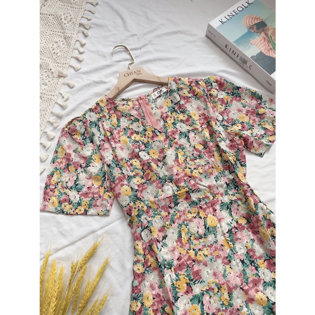 Đầm Lụa C.A.T.I Hoa Vạt Chéo Nhún Bèo - Hàng xuất dư 100%