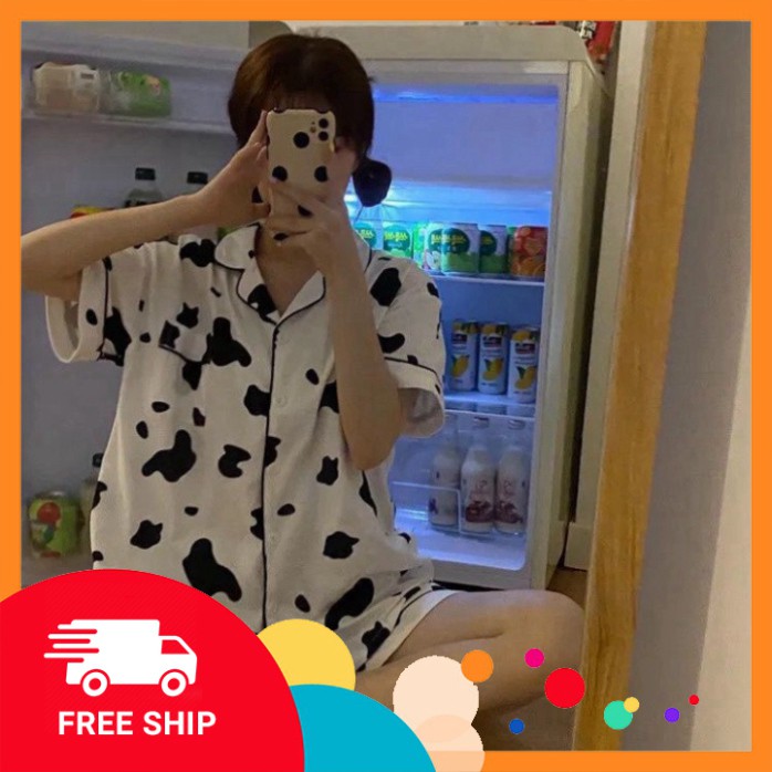 Bộ đồ Pijama lụa💖 Set Bò Sữa Ngắn Tay Dáng Rộng Unisex Uzzlang