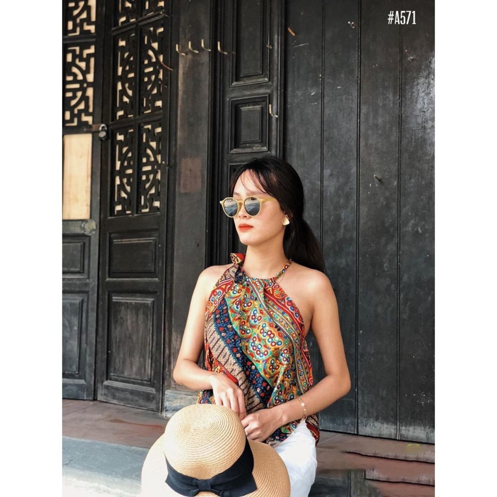 Áo Yếm Thổ Cẩm Vạt Xéo Phối Nơ