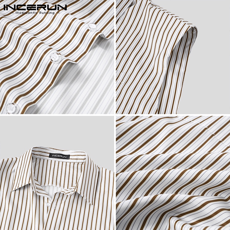 Áo sơ mi INCERUN sát nách đính nút cổ bẻ kẻ sọc thời trang cho nam