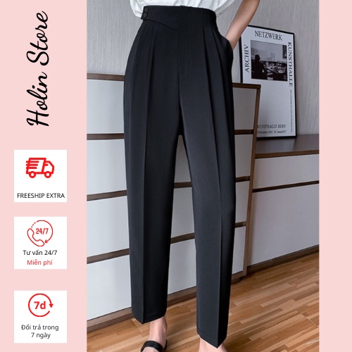 Quần baggy nữ 2 khuy vạt lệch, cạp cao lưng chun, quần tây âu công sở đứng dáng , vải vitex tuyết mưa cao cấp