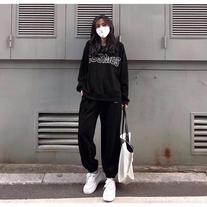 Set áo nỉ COSMOS phong cách Ulzzang tay bồng in chữ kèm quần dày dặn [Ảnh thật/Video] Set bộ Hàn Quốc