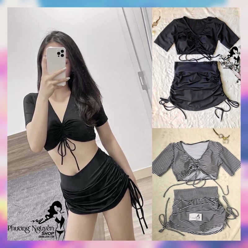 Đồ bơi nữ bikini 2 mảnh kín đáo áo croptop tay ngắn dây rút phối chân quần váy rút đi biển đẹp năng động
