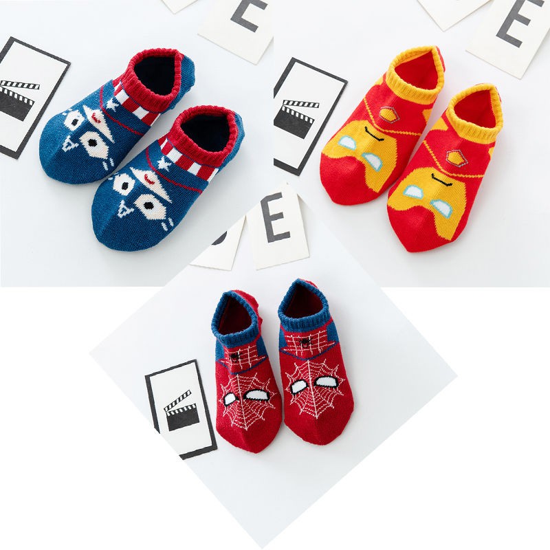 Set 3 Đôi Tất Cotton In Hình Spiderman + Iron Man + Captain America Cho Bé Trai