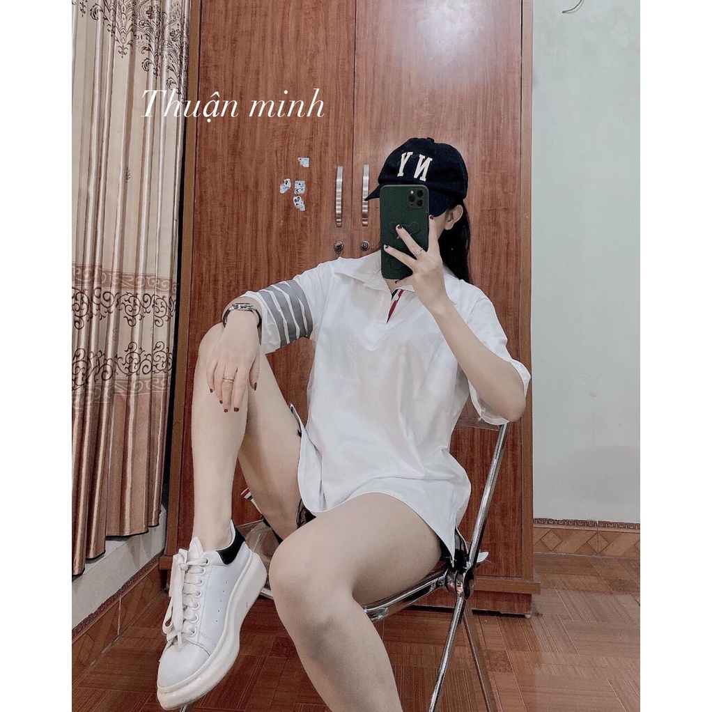 Áo Thun Plo Nam Nữ  Form Rộng Cổ Bẻ Hàn Quốc 3 Sọc Tay Vải Dày Mịn Thoáng Mát Thiết Kế Thời Trang Kiểu Dáng Năng Động