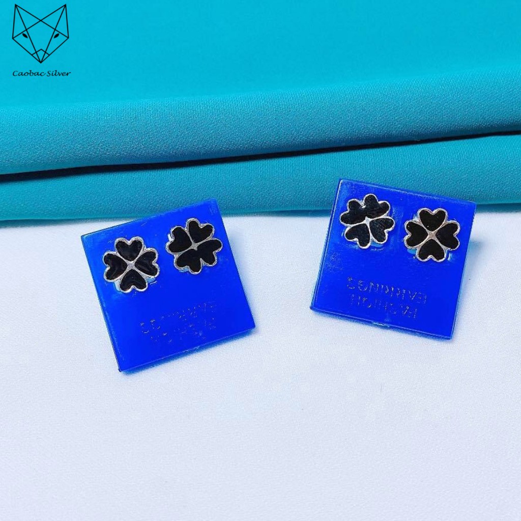 Khuyên Tai Bạc Nữ S925 CaoBac Silver Khuyên Ghép Bốn Tim Đen Độc Đáo SKT5