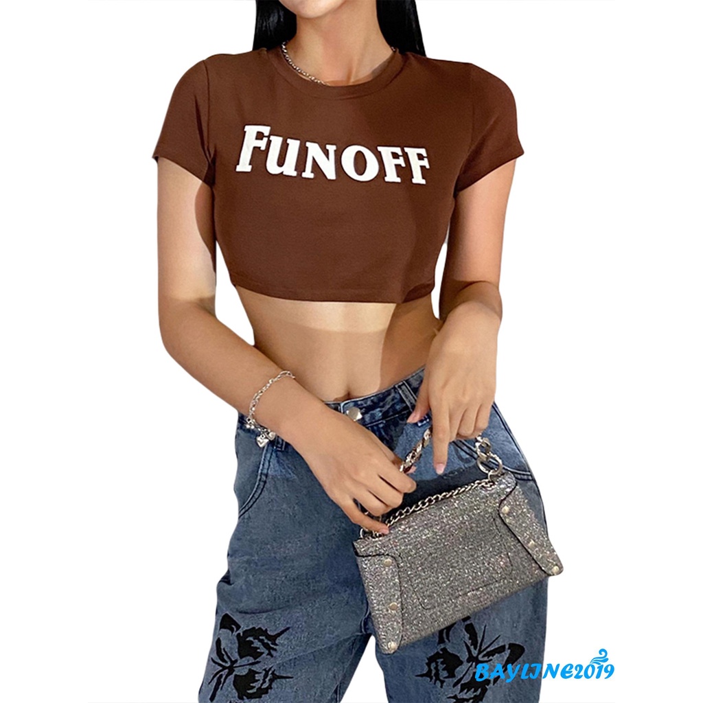 Áo croptop tay ngắn vải thun họa tiết chữ thời trang cho nữ
