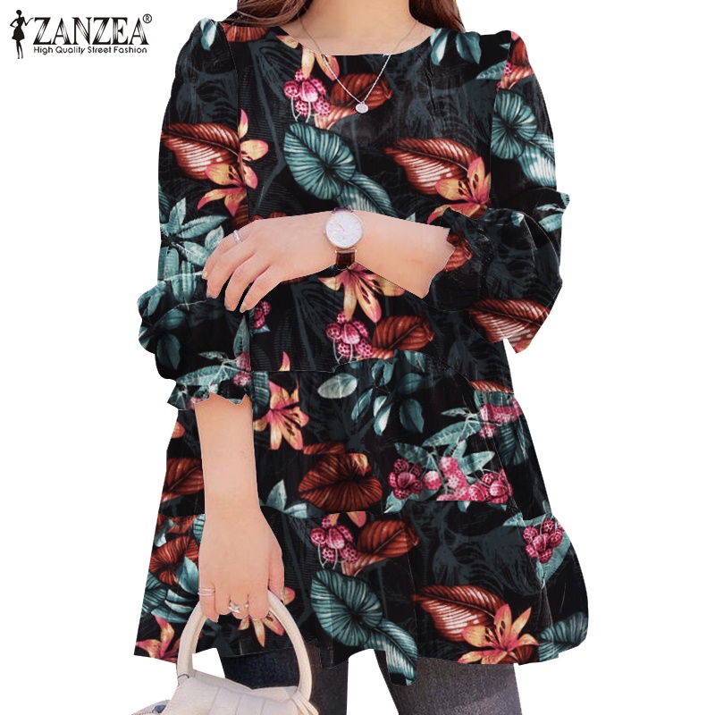 Áo kiểu ZANZEA dáng rộng tay dài cổ tròn lai nhún nếp in họa tiết đơn giản thời trang cho nữ