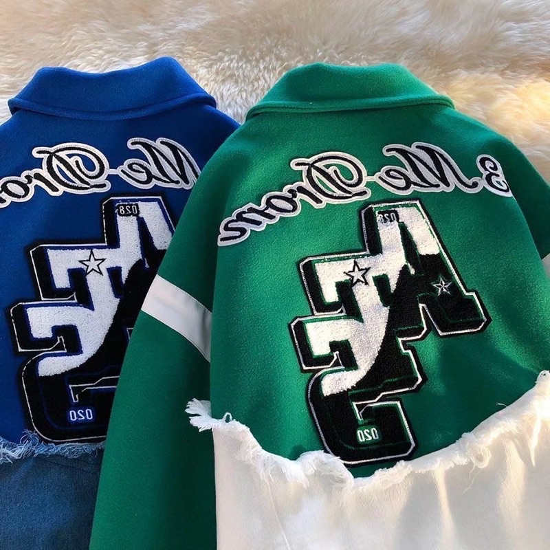 Áo khoác Varisity,Áo khoác bóng chày dạ phối jeans hoạ tiết thêu phong cách retro thời trang nam nữ