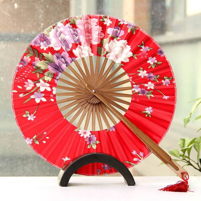 Quạt tròn xếp cổ phong nan gỗ cầm tay phong cách cổ trang Nhật Bản
