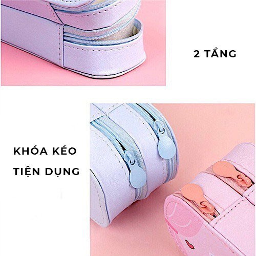 Hộp bút 2 ngăn chất da PU cao cấp dễ lau, túi đựng bút 2 tầng dễ thương nhiều màu xinh xắn cho học sinh