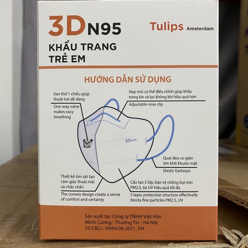 [CHÍNH HÃNG] Khẩu Trang cao cấp 5 lớp N95 Tulips chống bụi PM2.5 và kháng khuẩn có Van cho bé (Hộp 20 cái)