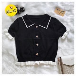 Áo Croptop Len Gân Tiểu thư đen viền trắng