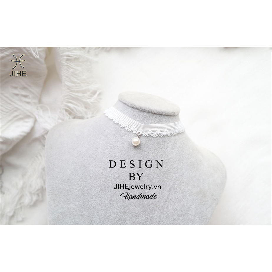 Vòng Cổ choker Dây Nhung Đính Ngọc Trai Trắng Phong Cách Nhật Bản