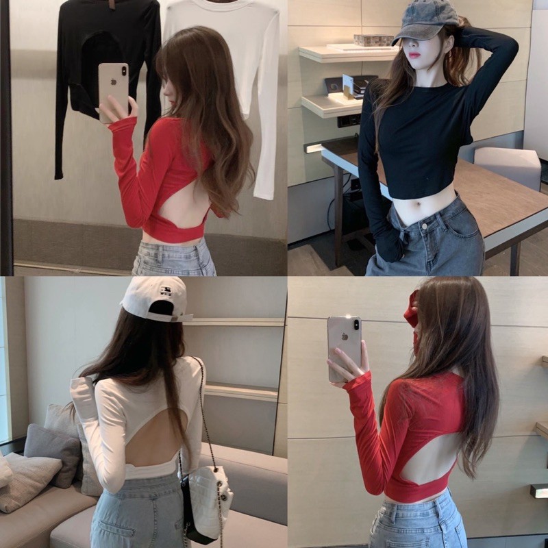 Áo thun tay dài croptop, Áo thun khoét lưng tay dài ( kèm video)