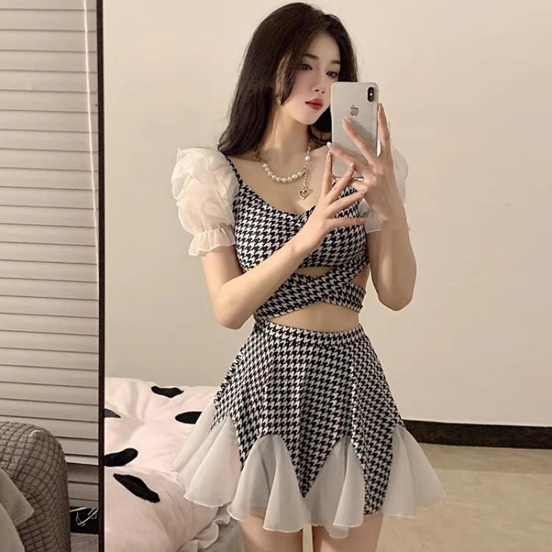 Bộ Đồ Bơi Hai Mảnh Họa Tiết Houndstooth Dễ Thương Thời Trang Mùa Xuân Cho Nữ