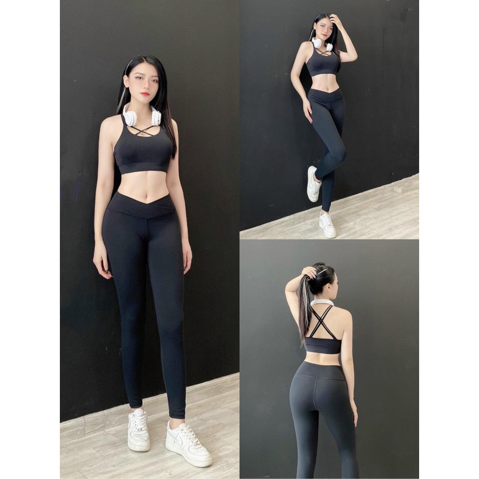 Đồ tập gym nữ bộ tập gym yoga erobic nữ áo Bra quần dài cạp chéo chất liệu co giãn 4 chiều thấm hút tốt( sẵn mút)