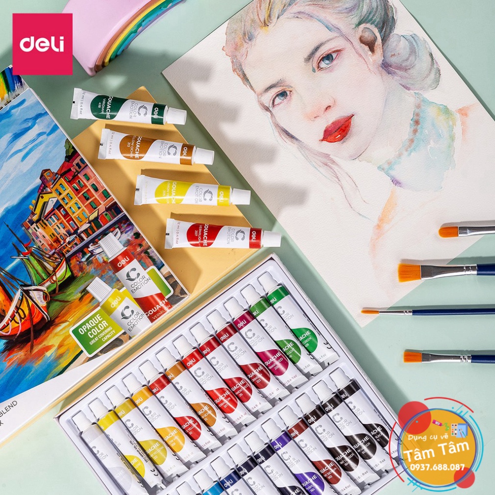 [ TÂM TÂM ]-Màu Gouache dạng tuýp 12ml Deli Mã hàng EC11, Màu Deli -