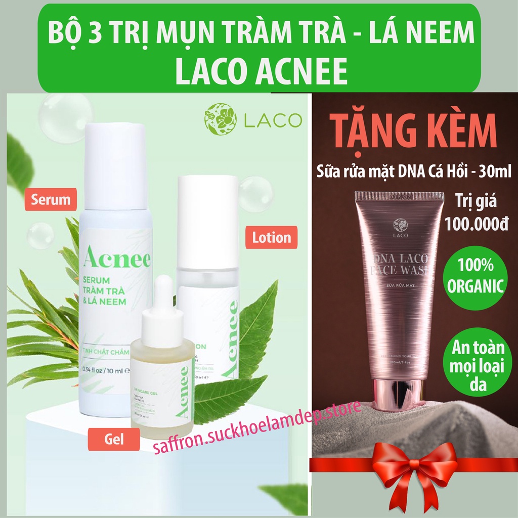 Bộ mụn LACO chuyên sâu dứt điểm mụn ACNEE Tràm Trà Lá Neem mờ thâm dưỡng ẩm ngăn mụn tái phát - 3 sp lotion, serum, gel