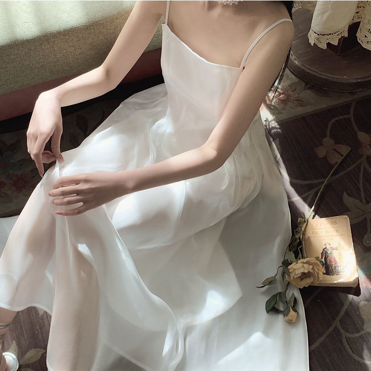 Mối tình đầu dịu dàng váy treo trắng khí chất mới mùa hè 2021 váy cổ tích cạp cao nữ đầm dài trung bình | BigBuy360 - bigbuy360.vn