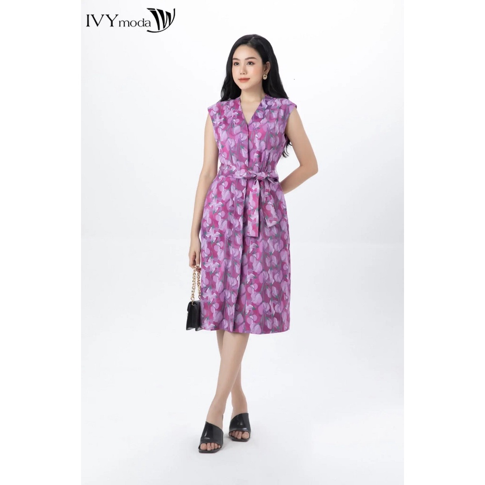 Đầm cổ tim phối nơ dây eo IVY moda MS 41M7446