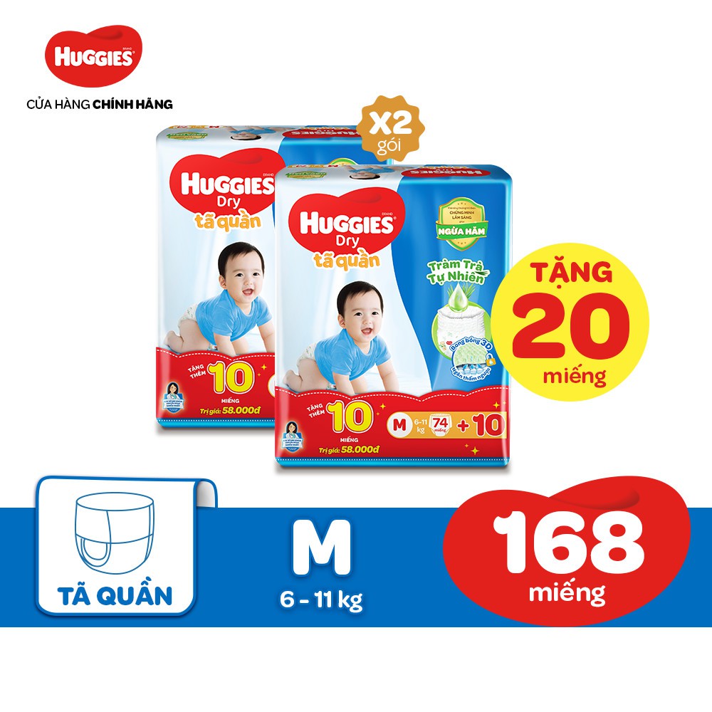 [MKBHUG60 -10%] Combo 2 Tã quần Huggies Tràm Trà Tự Nhiên Dry Pants SJB M74 +10 miếng/L68/XL62/XXL56 + Tặng 8 miếng