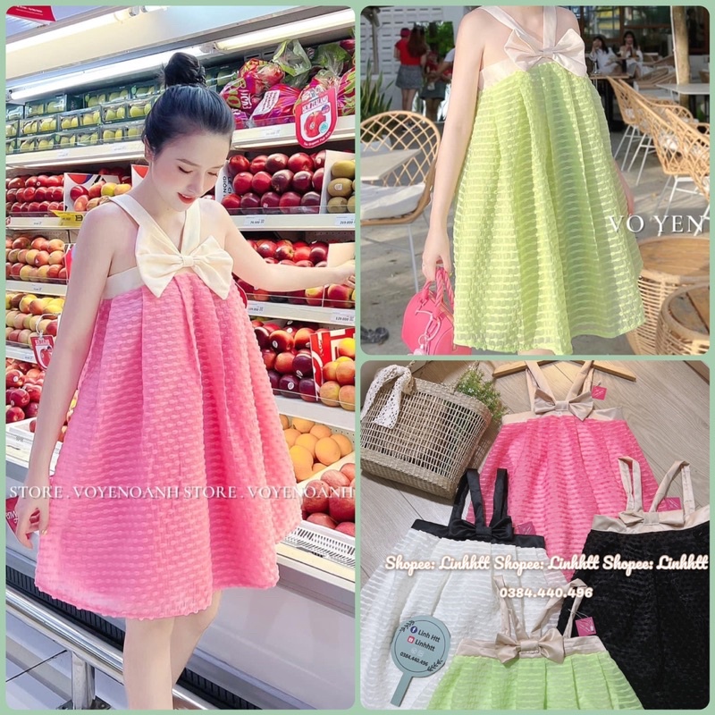 Váy cổ yếm nơ chéo dây babydoll xoè đầm cổ yếm nơ ulzzang
