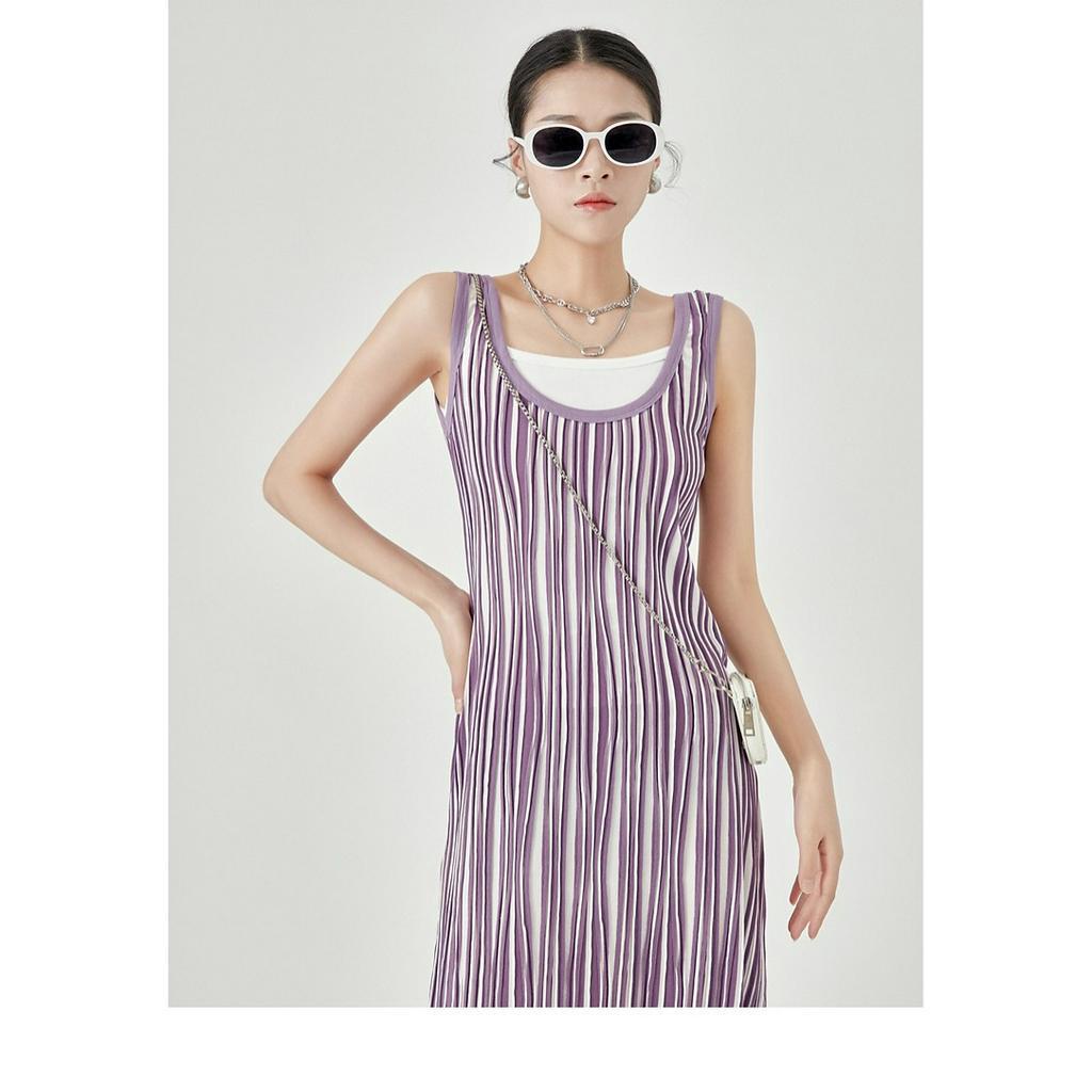 Đầm Dài Hai Dây Dệt Kim Kẻ Sọc Phong Cách Mới Mùa Hè 2023 Cho Nữ