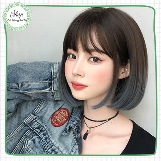 Tóc giả nữ nguyên đầu nhuộm hightlight xanh đen Hot Trend 2021, tóc vic ngắn cắt chữ V mái dài cá tính - Cô nàng sư tử