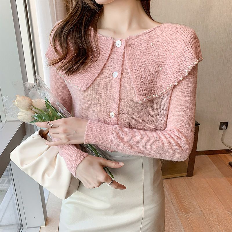 Áo Sweater Dệt Kim Tay Dài Cổ Búp Bê Đính Hạt Dễ Thương Cho Nữ  tao bao