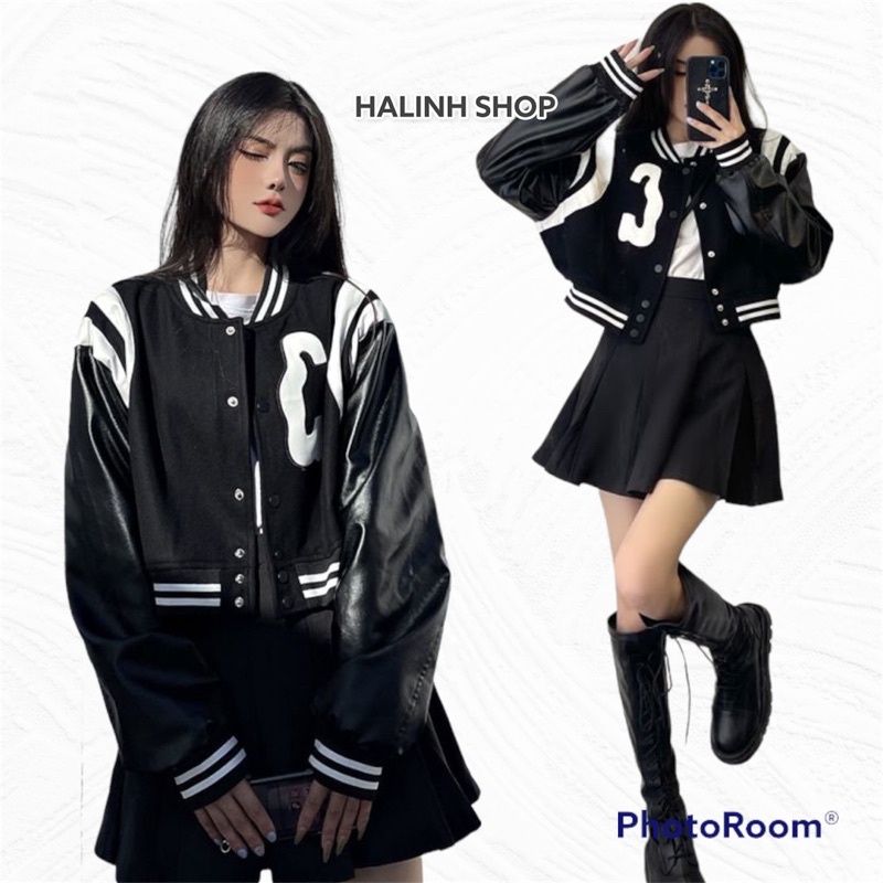 Áo Khoác BomBer Nữ Tay Da Thêu Chữ - Halinh Shop - Áo Khoác Dáng Lửng Nỉ Ngoại Bo Chun Mặc Hè Thu size S M