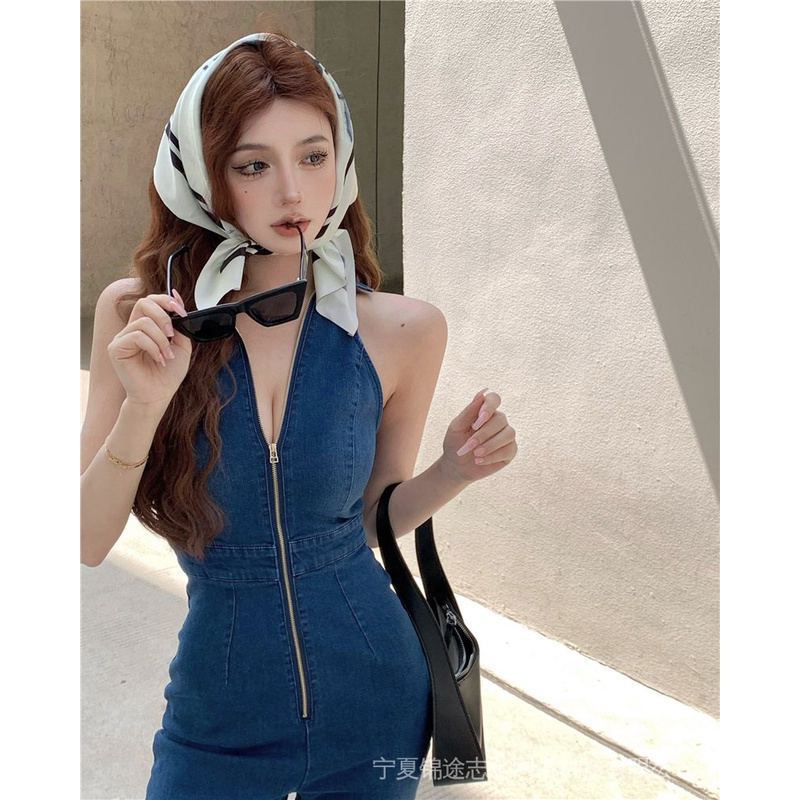 High quality · Nini  denim stretch jumpsuit women's summer hot pants Korean style sense zipper sleeveless vest straight long pants