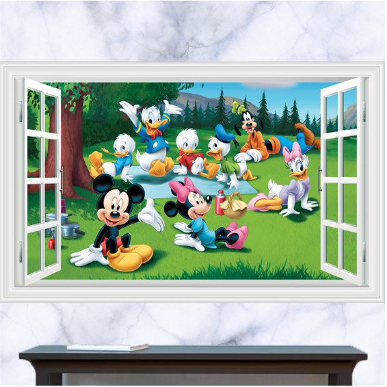 Decal trang trí khung cửa sổ chuột Mickey và vịt Donal