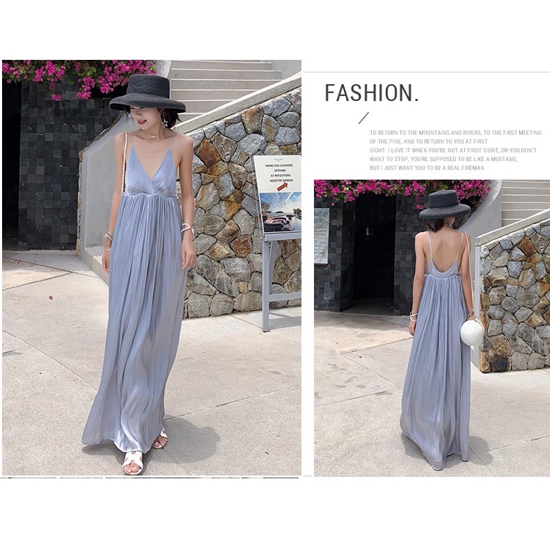 Đầm maxi đi biển váy xoè dập ly cổ V 2 dây hở lưng xanh lam thanh lịch