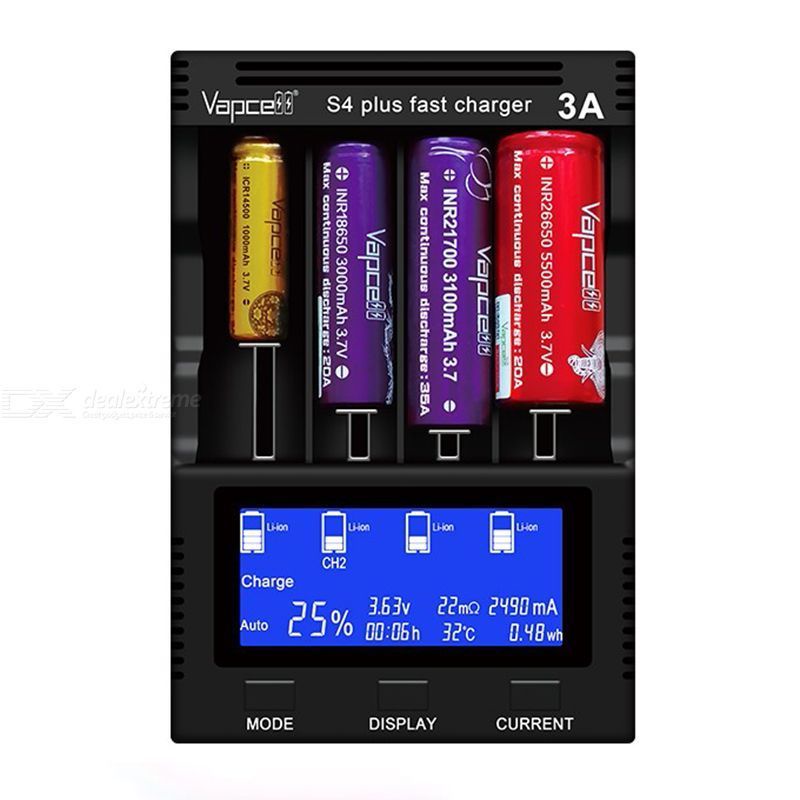 Sạc pin đa năng cao cấp VAPCELL S4 PLUS v2 4 khe cắm dòng sạc lên đến 12A tương thích với nhiều loại pin
