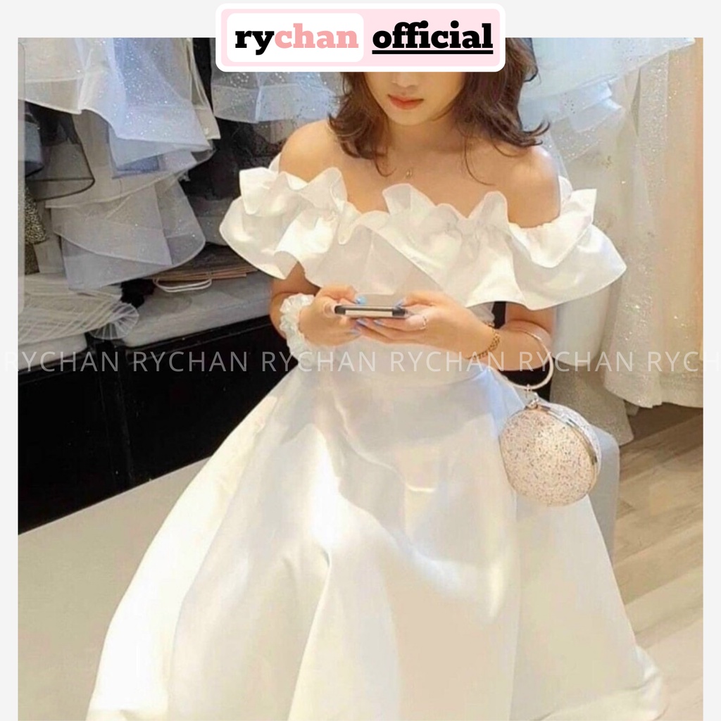 Đầm Nữ Dự Prom Dáng Dài Màu Trắng Trễ Vai Phối Bèo Bản To Bo Eo Cực Sang Chảnh [ẢNH THẬT CUỐI] - DX9901