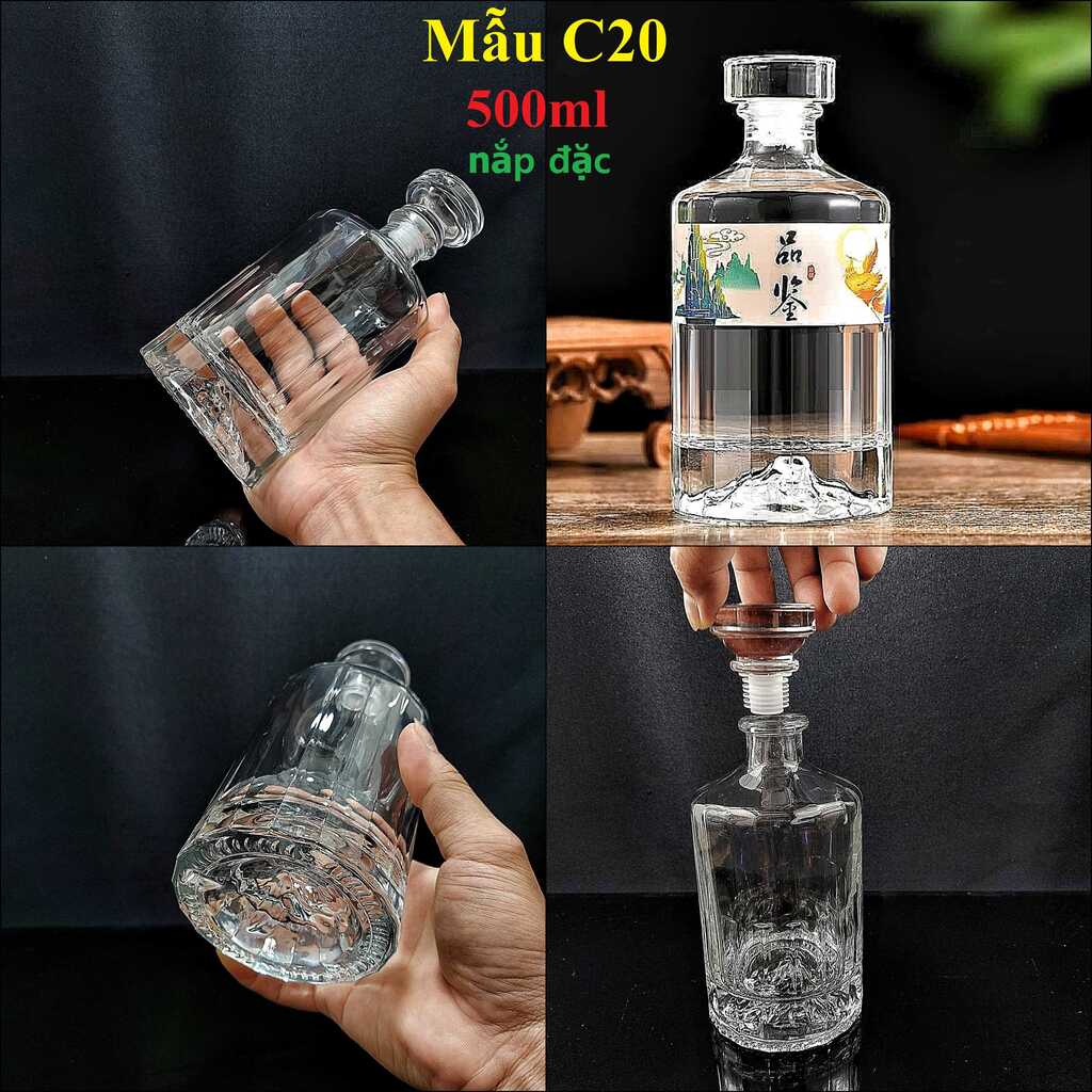 Chai Đựng Rượu 500ML thủy tinh cao cấp mẫu hibiki nắp đặc – Vỏ Chai Rượu Đẹp (C20)