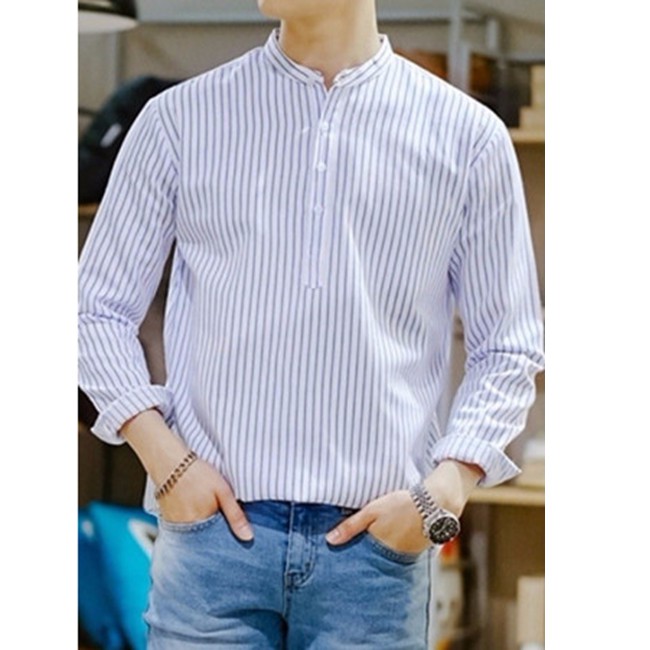 Áo sơ mi nam dài tay cổ tàu kẻ sọc trắng đen