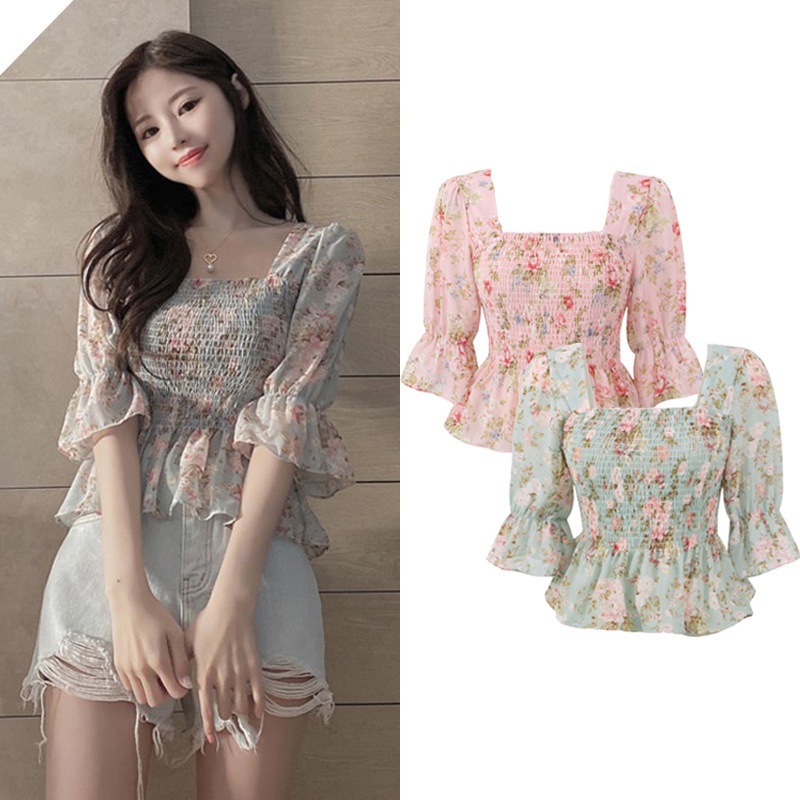 Áo chiffon IELGY cổ vuông tay lửng in họa tiết hoa ngọt ngào cho nữ