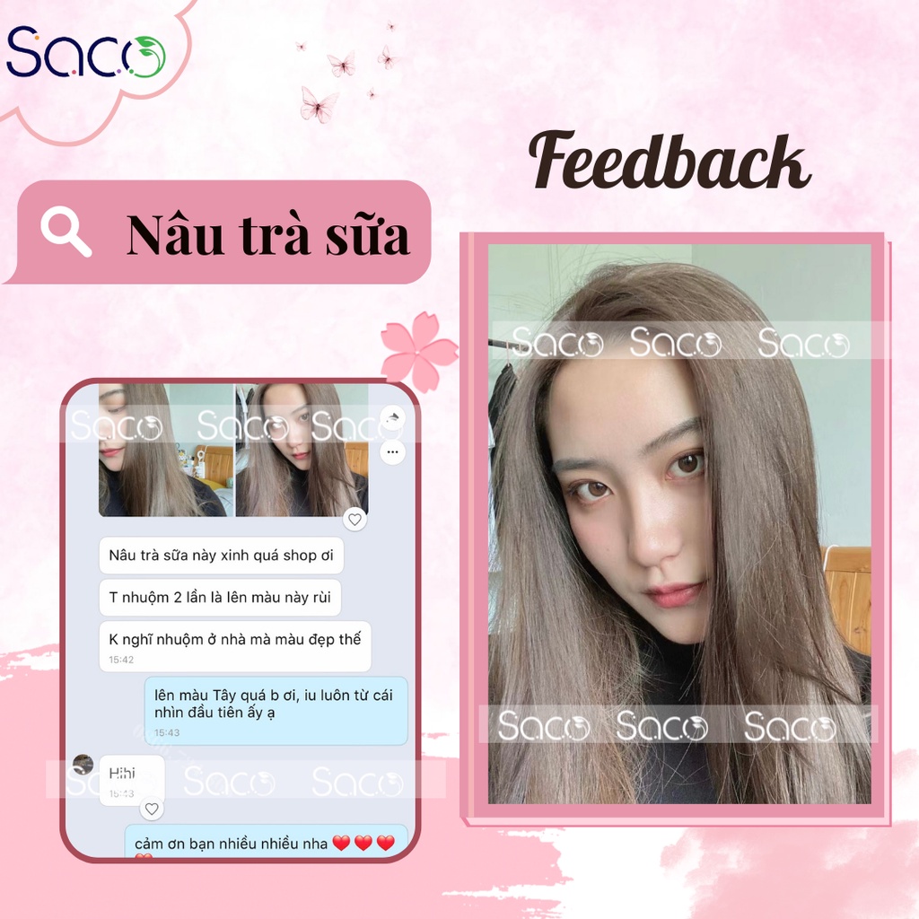 Lược nhuộm tóc thần thánh Saco màu Nâu Trà Sữa lên màu từ nền đen, không cần tẩy hay nâng tone chai 400ml