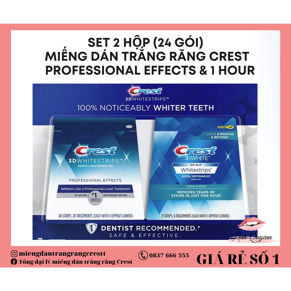 Set 2 Hộp Miếng dán trắng răng Crest 3D White Professional Effects &amp; 1 Hour - 30 GÓI CHÍNH HÃNG