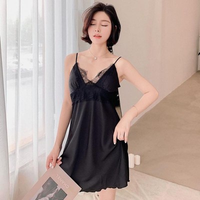 HISEXY Đầm Ngủ Lụa Satin Cao Cấp Mặc Nhà Có Mút Ngực Đủ Size Dưới 65Kg Ren 18cm MD04